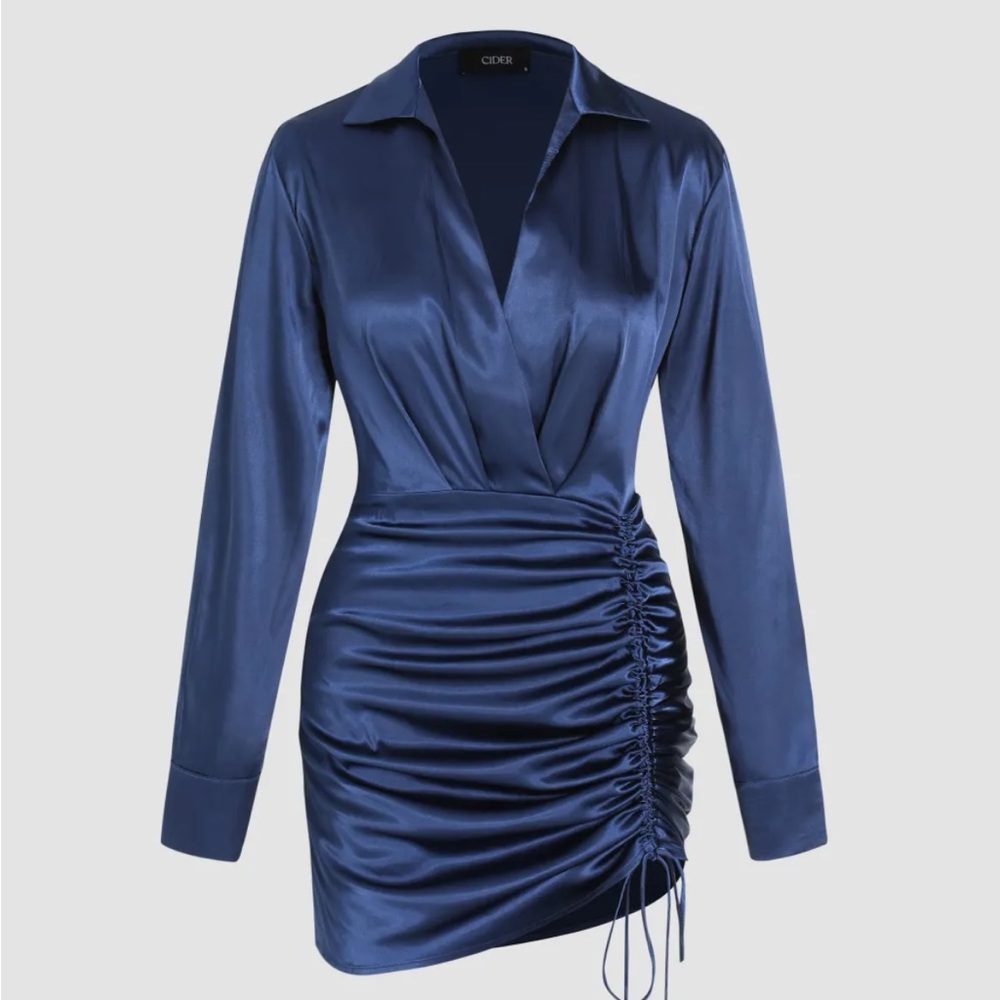 Navy blue satin mini dress. Plunging neck with collar. Adjustable length cord.